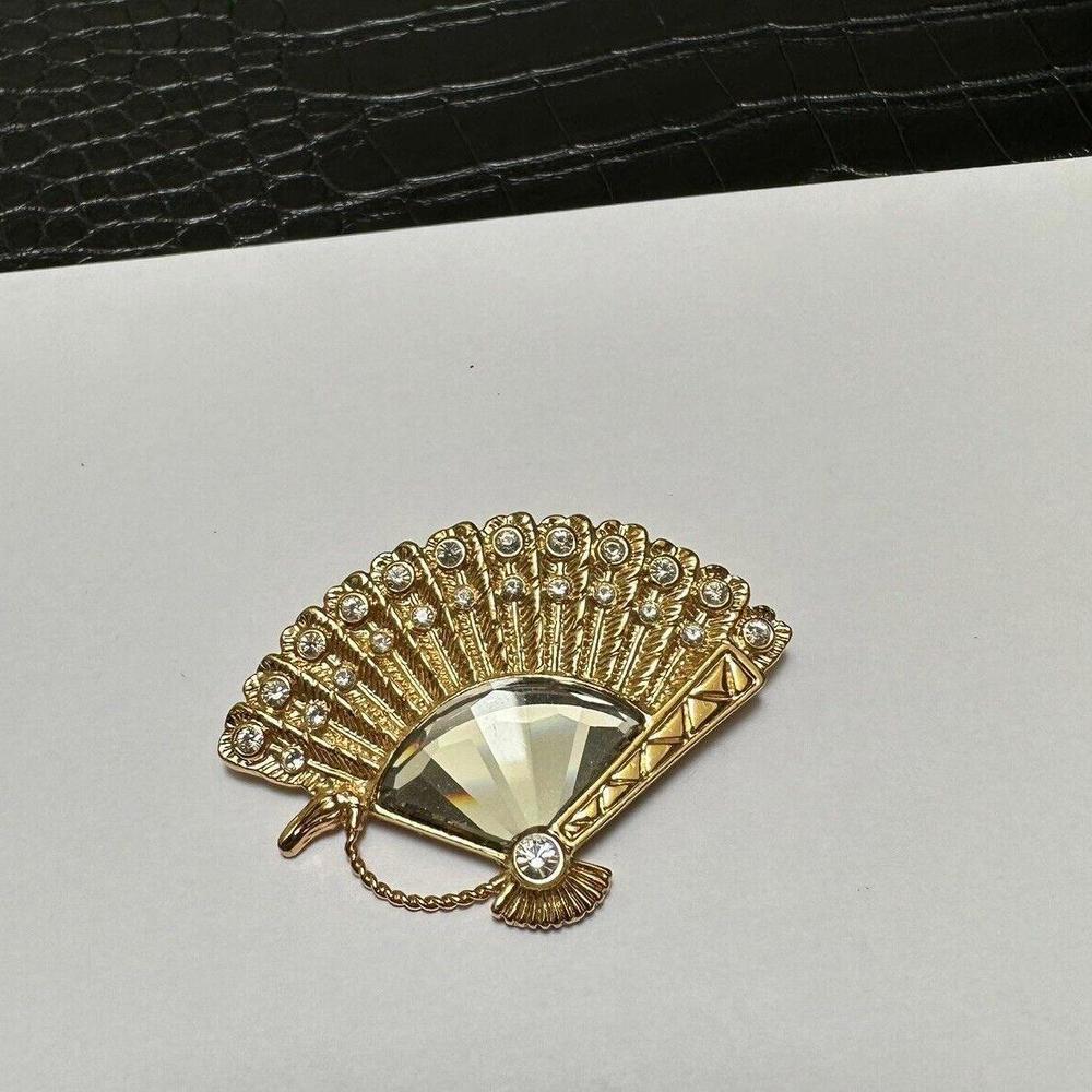 Swarovski (Swan Signed) Gold Tone Crystal Fan Mirror Brooch Pin